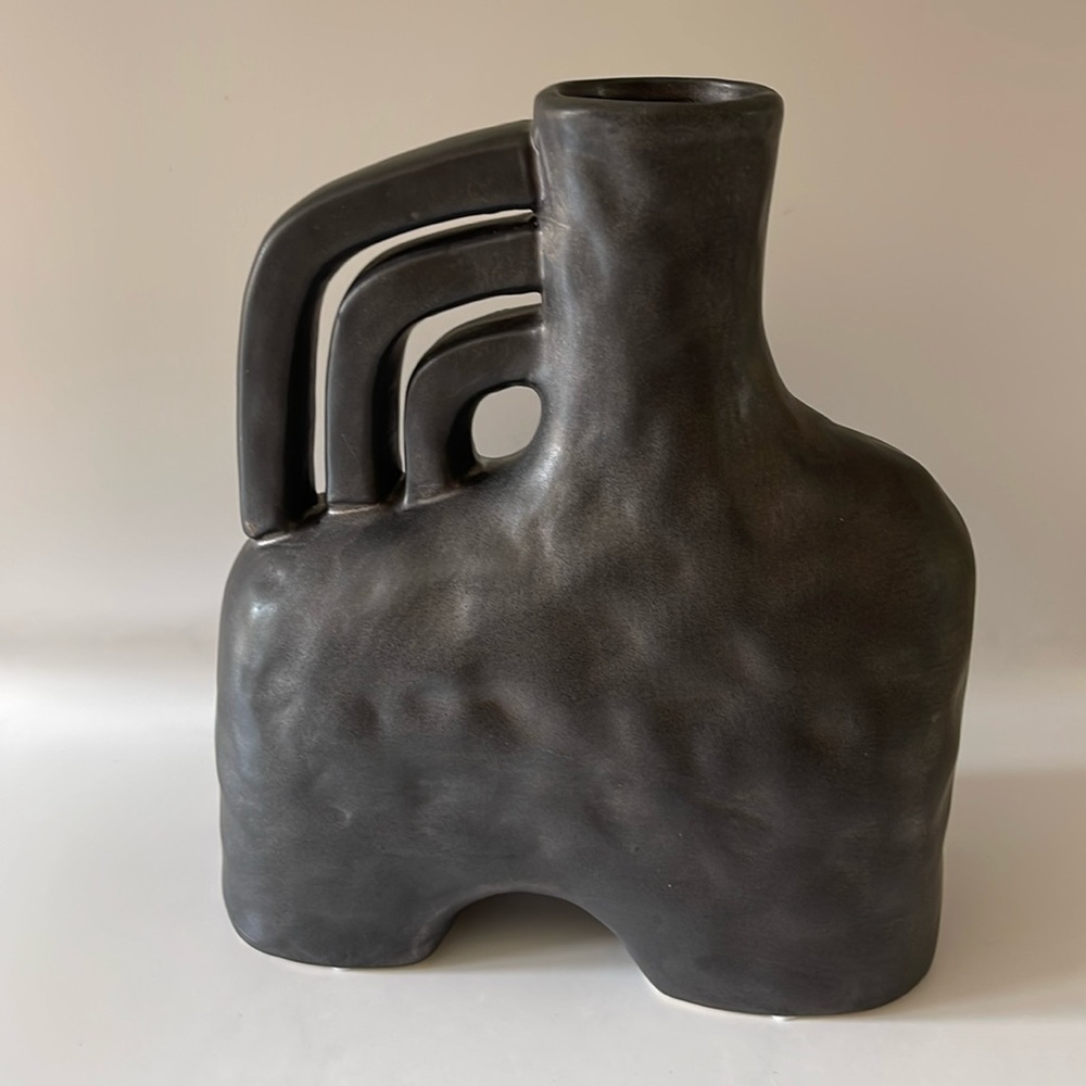 Unique Triple Handle Arch Ceramic Planter Vase, Black - Picture 4 of 10